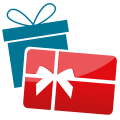 Blaue und rote Geschenkbox mit Schleifen